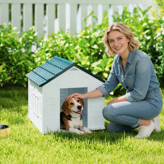 Niche extérieure plastique PP pour chien moyen toit double pente 65x75x63cm blanc - ComfortXL Outdoor Living - Image 3