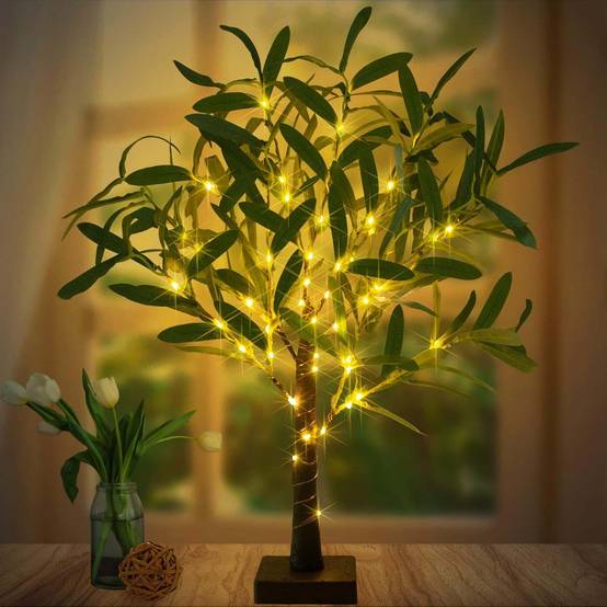 Lot de 2 petits arbres LED Olivier lumineux, 50 LED, alimentation USB ou batterie, décoration table et maison pour Noël et fêtes intérieures - Image 4