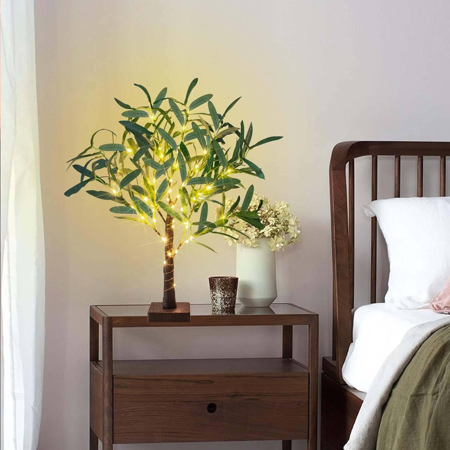 Lot de 2 petits arbres LED Olivier lumineux, 50 LED, alimentation USB ou batterie, décoration table et maison pour Noël et fêtes intérieures - Image 7