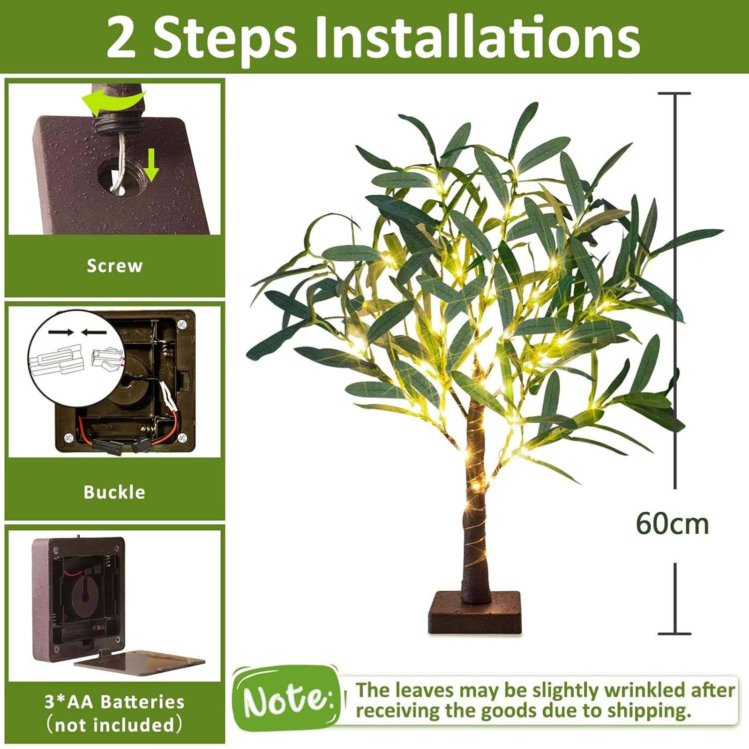 Lot de 2 petits arbres LED Olivier lumineux, 50 LED, alimentation USB ou batterie, décoration table et maison pour Noël et fêtes intérieures - Image 2