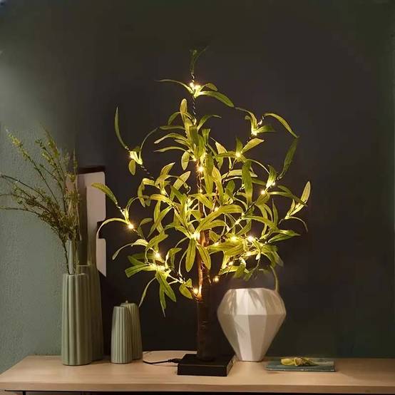 Lot de 2 petits arbres LED Olivier lumineux, 50 LED, alimentation USB ou batterie, décoration table et maison pour Noël et fêtes intérieures - Image 6