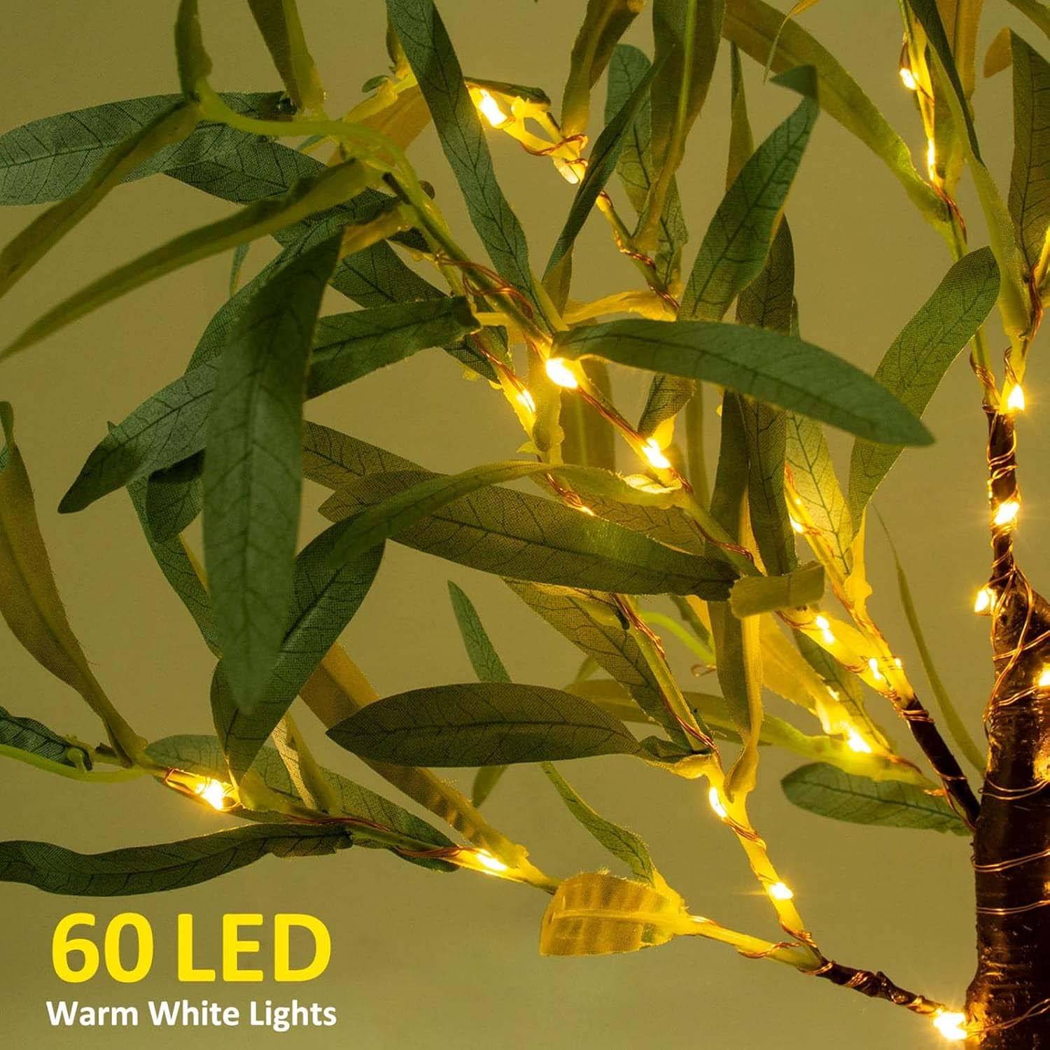 Lot de 2 petits arbres LED Olivier lumineux, 50 LED, alimentation USB ou batterie, décoration table et maison pour Noël et fêtes intérieures - Image 3