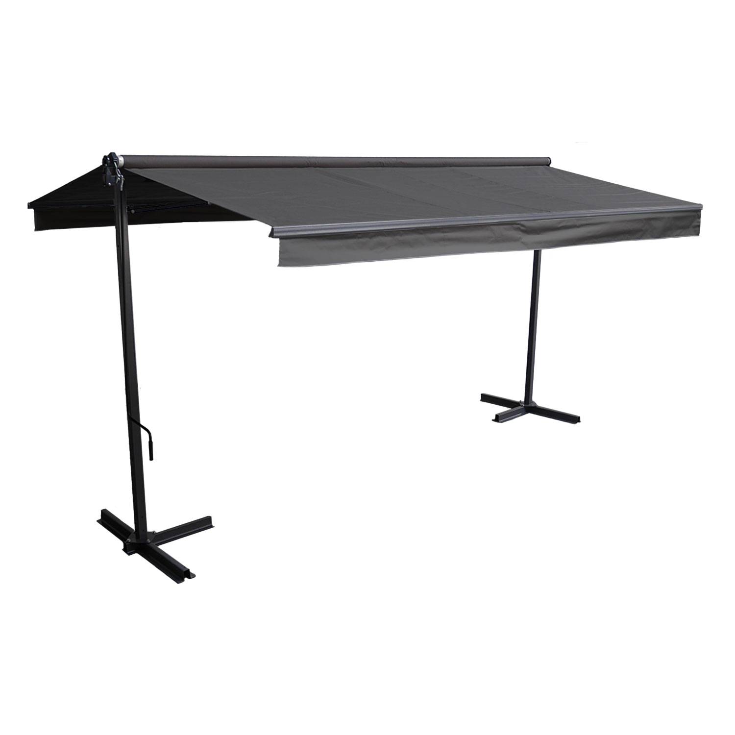 Store double pente FRENE sur pieds 3,95 x 3 m - Toile anthracite et structure grise - HAPPY GARDEN - Image 1