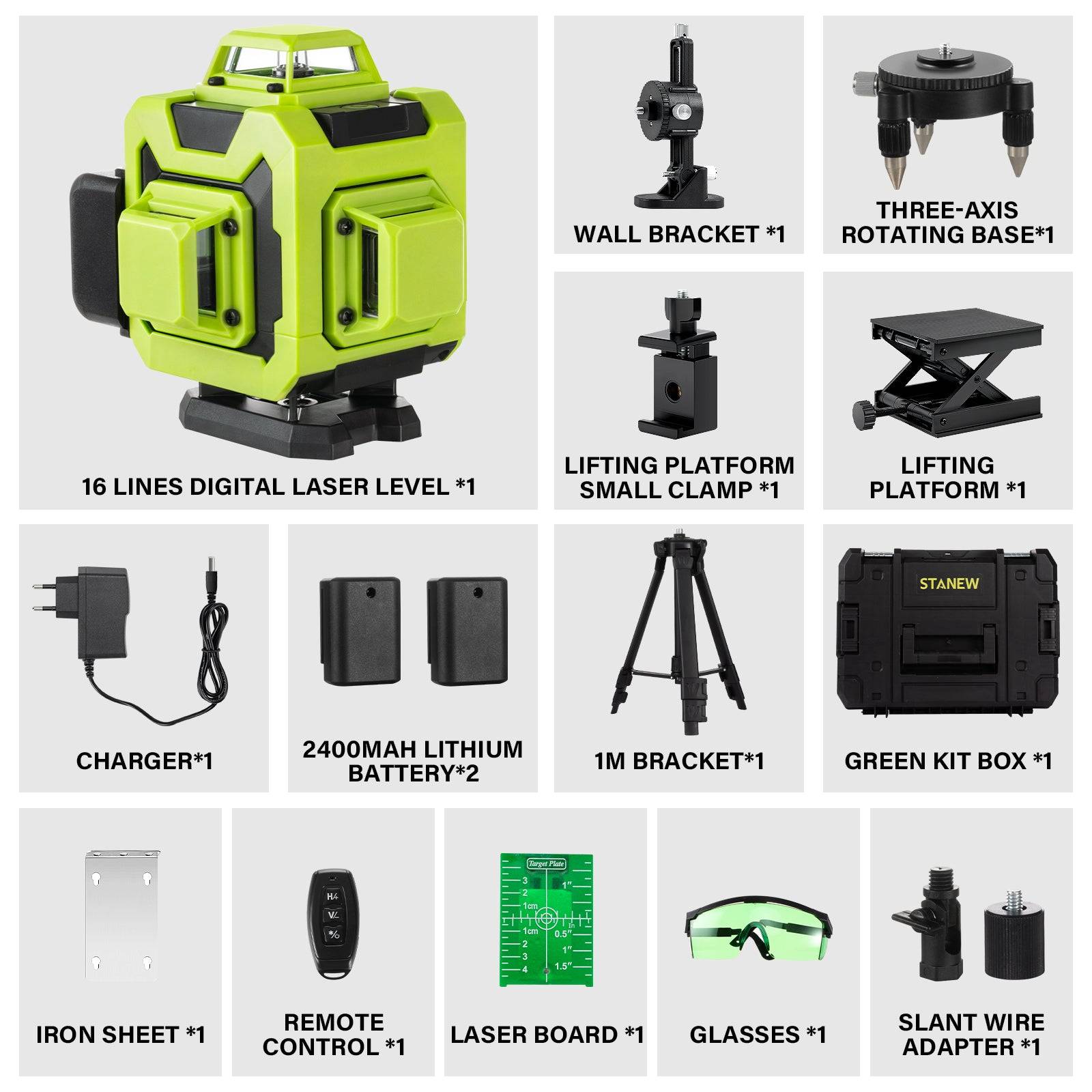 Teeno - Niveau laser 4 x 360°, vert Lignes laser vertes horizontales et verticales 4D à 16 lignes, télécommande intégrée, 2 piles 2400 mAh - Image 2
