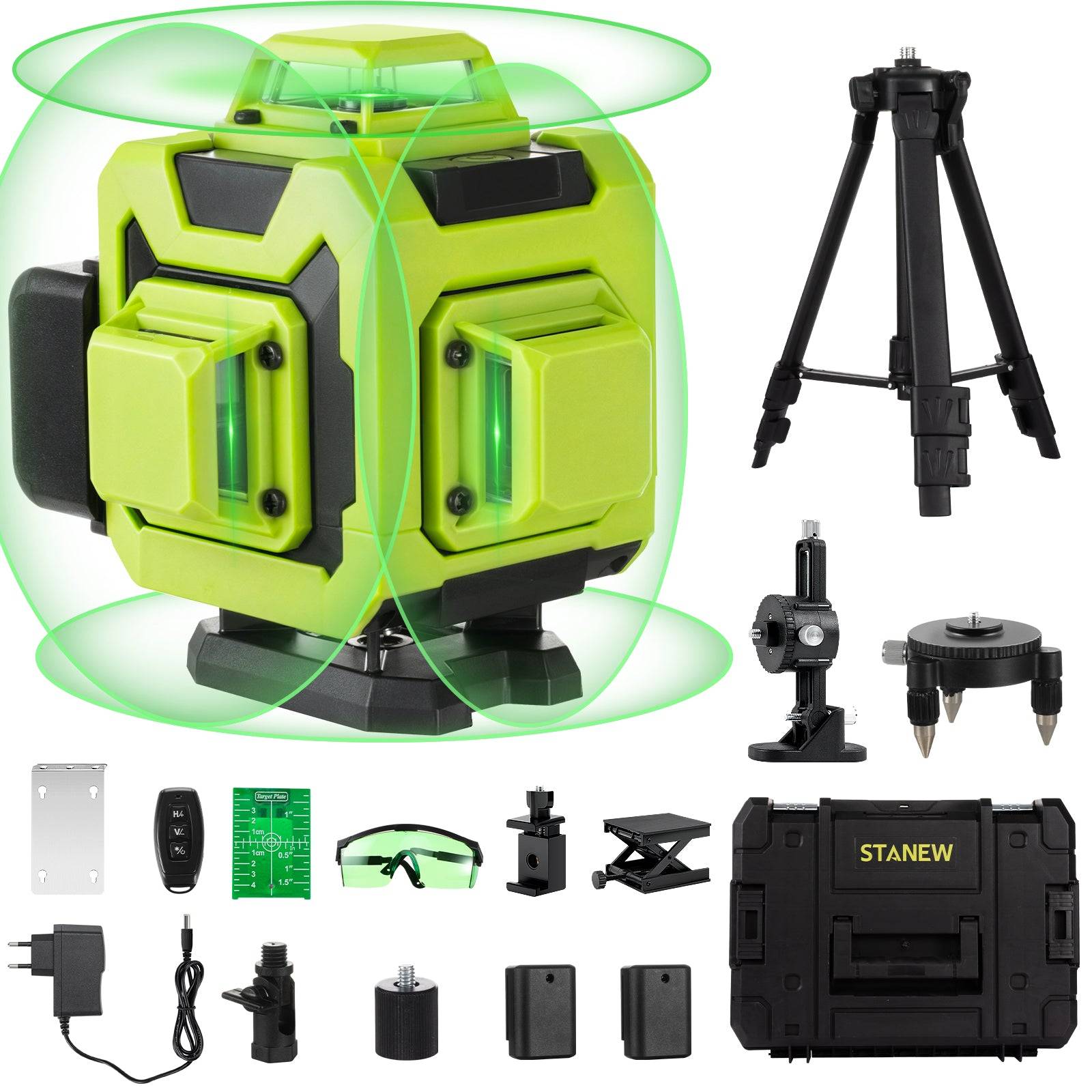 Teeno - Niveau laser 4 x 360°, vert Lignes laser vertes horizontales et verticales 4D à 16 lignes, télécommande intégrée, 2 piles 2400 mAh