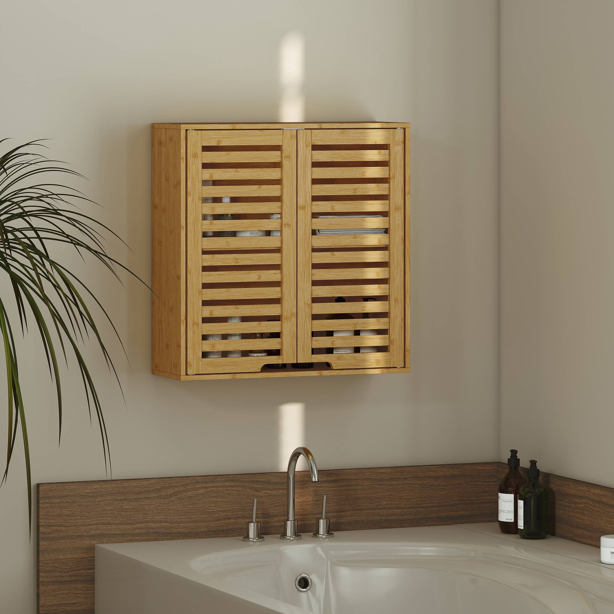 Sans Marque - Meuble salle bain mural bambou unité salle bain suspendue étagère réglable portes lattes naturelles - Image 4
