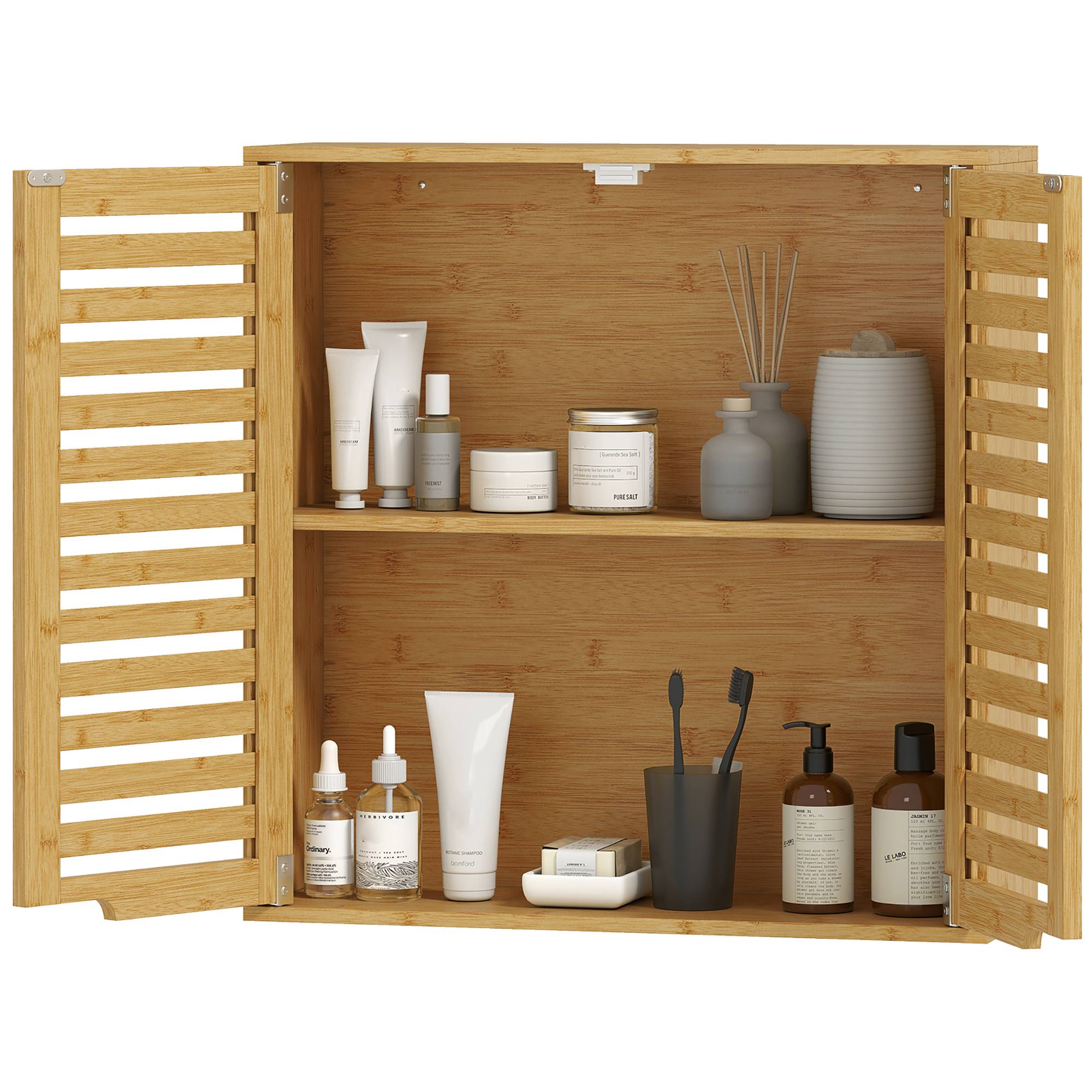Sans Marque - Meuble salle bain mural bambou unité salle bain suspendue étagère réglable portes lattes naturelles - Image 2