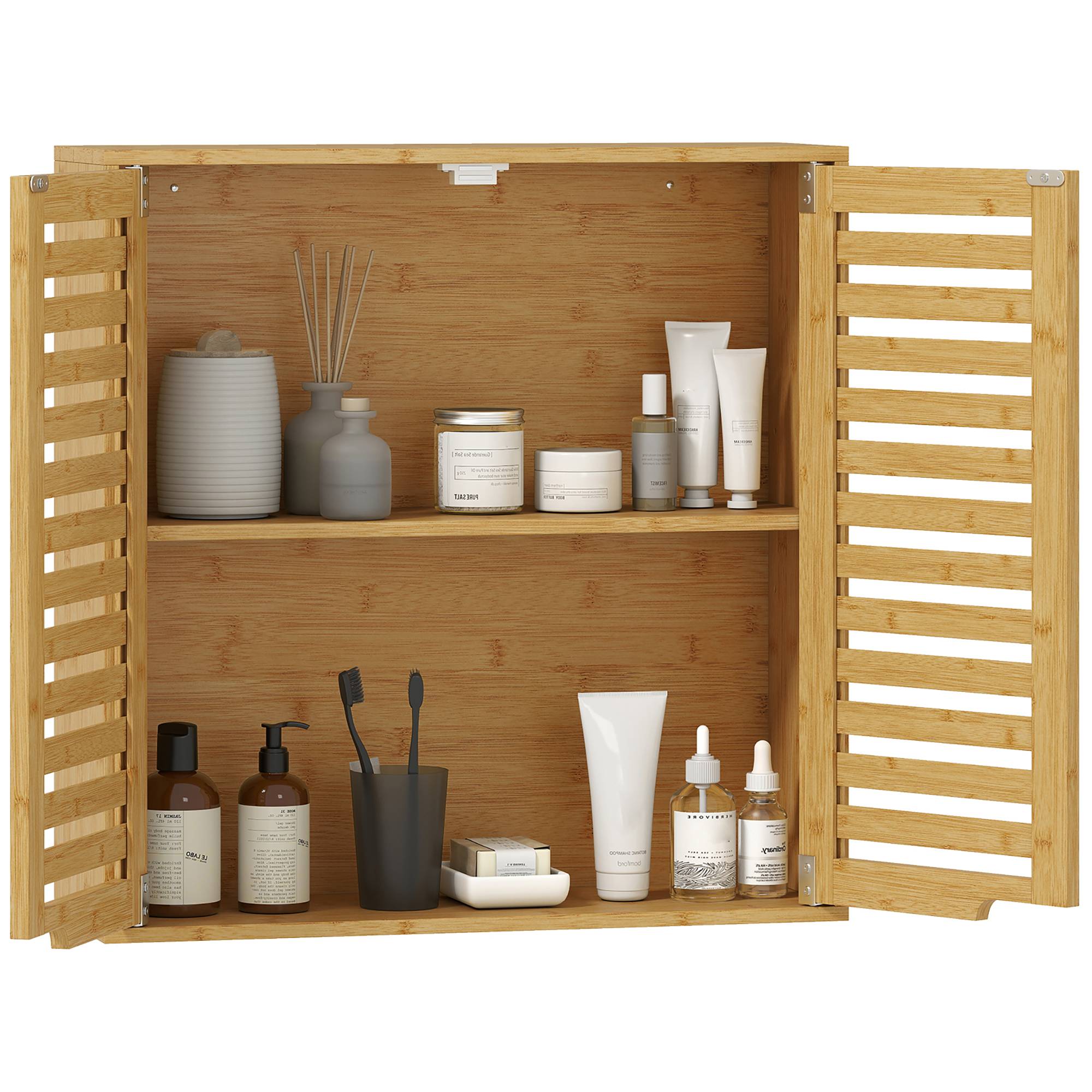 Sans Marque - Meuble salle bain mural bambou unité salle bain suspendue étagère réglable portes lattes naturelles - Image 1
