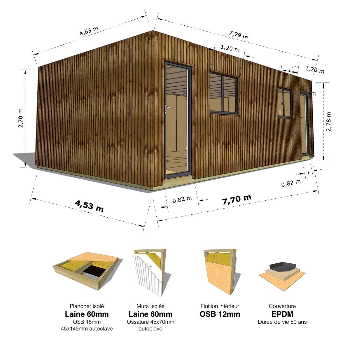 Sans Marque - STUDIO DE JARDIN / 35,8 m2 - 7,75 x 4,62m / Plancher isolé / Bardage Brun / Intérieur OSB / Livraison Gratuite / Studio Français - Image 1
