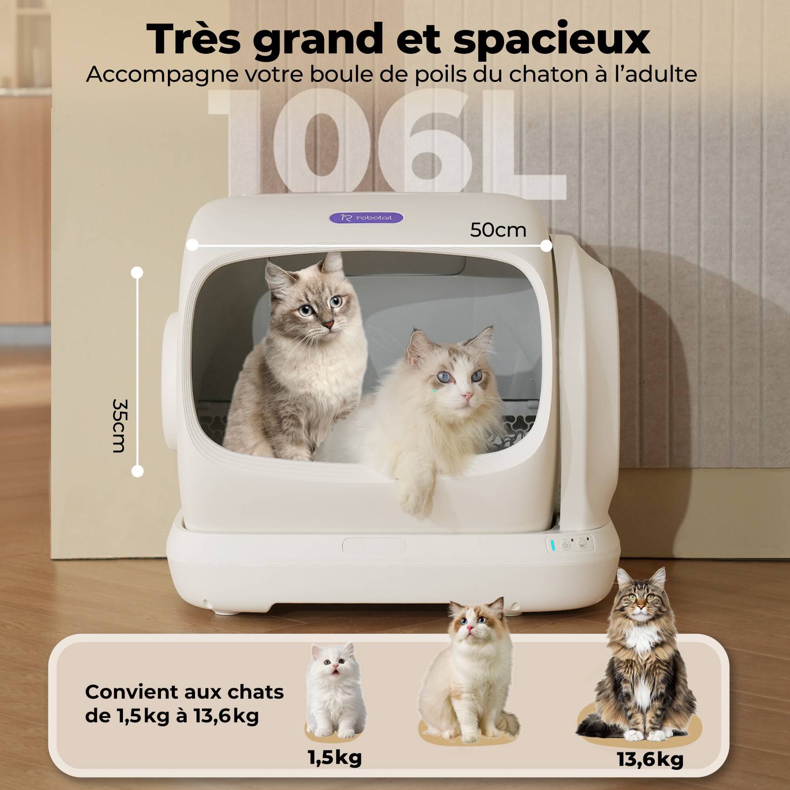 Sans Marque - Litière automatique connectée autonettoyante XXXL 106L multi-chats, sécurité anti-pincement grande capacité - Image 2