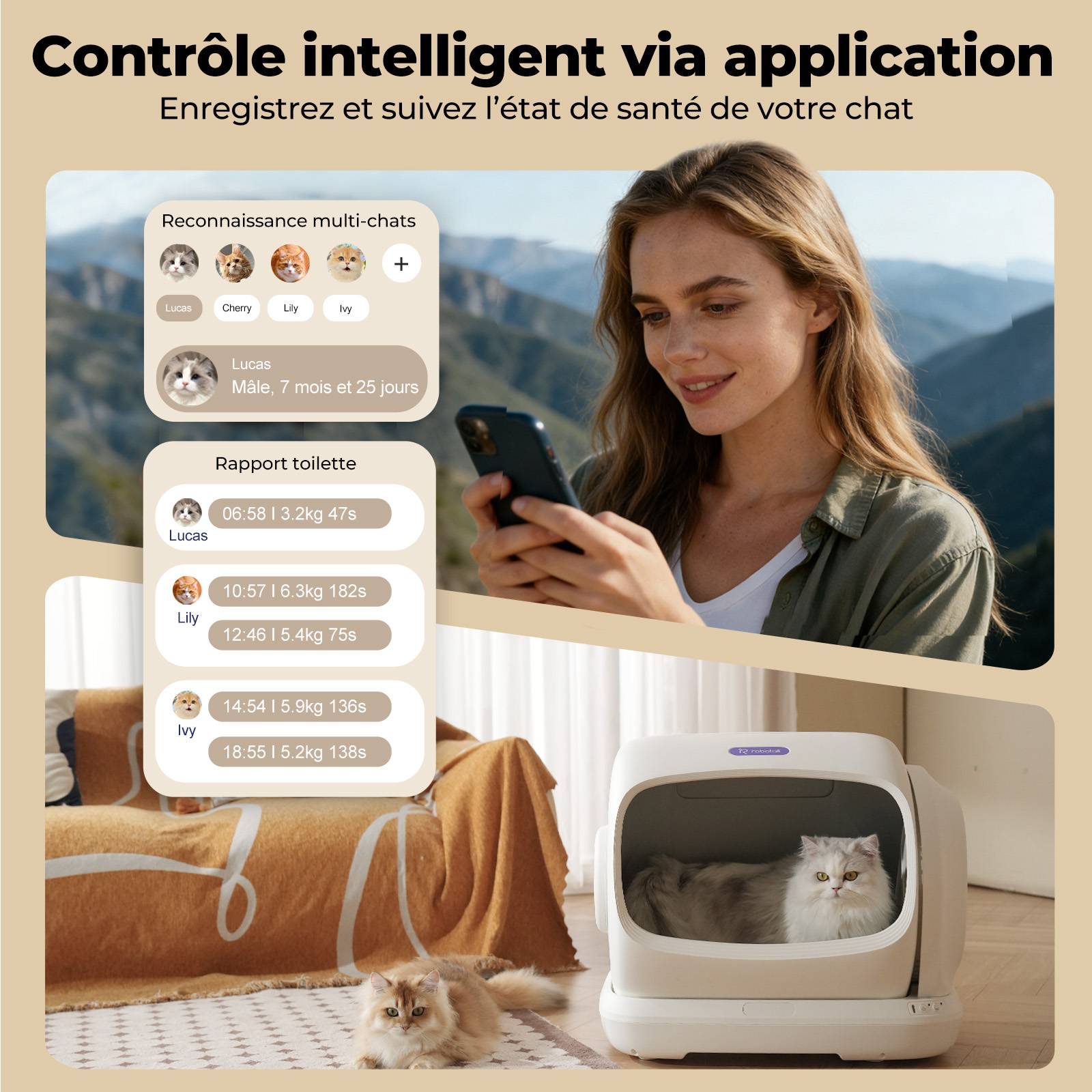Sans Marque - Litière automatique connectée autonettoyante XXXL 106L multi-chats, sécurité anti-pincement grande capacité - Image 5