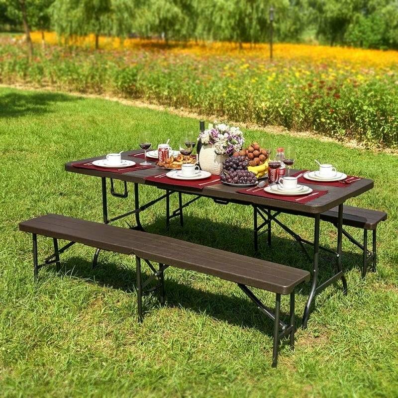 Lot table pliante 8 personnes "effet bois" + 2 bancs 4 pers - Image 6