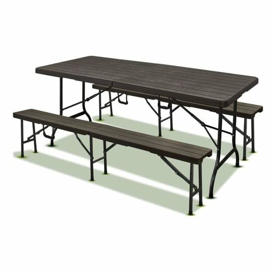 Lot table pliante 8 personnes "effet bois" + 2 bancs 4 pers - Image 1