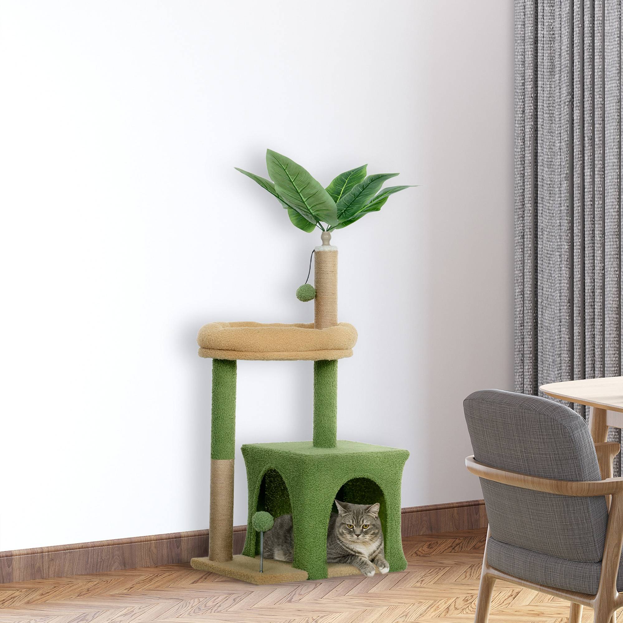 Sans Marque - Arbre à chat avec maisonnette, panier et 2 balles, en bois et polyester, 44 x 30 x 98 cm, vert et marron - Image 4