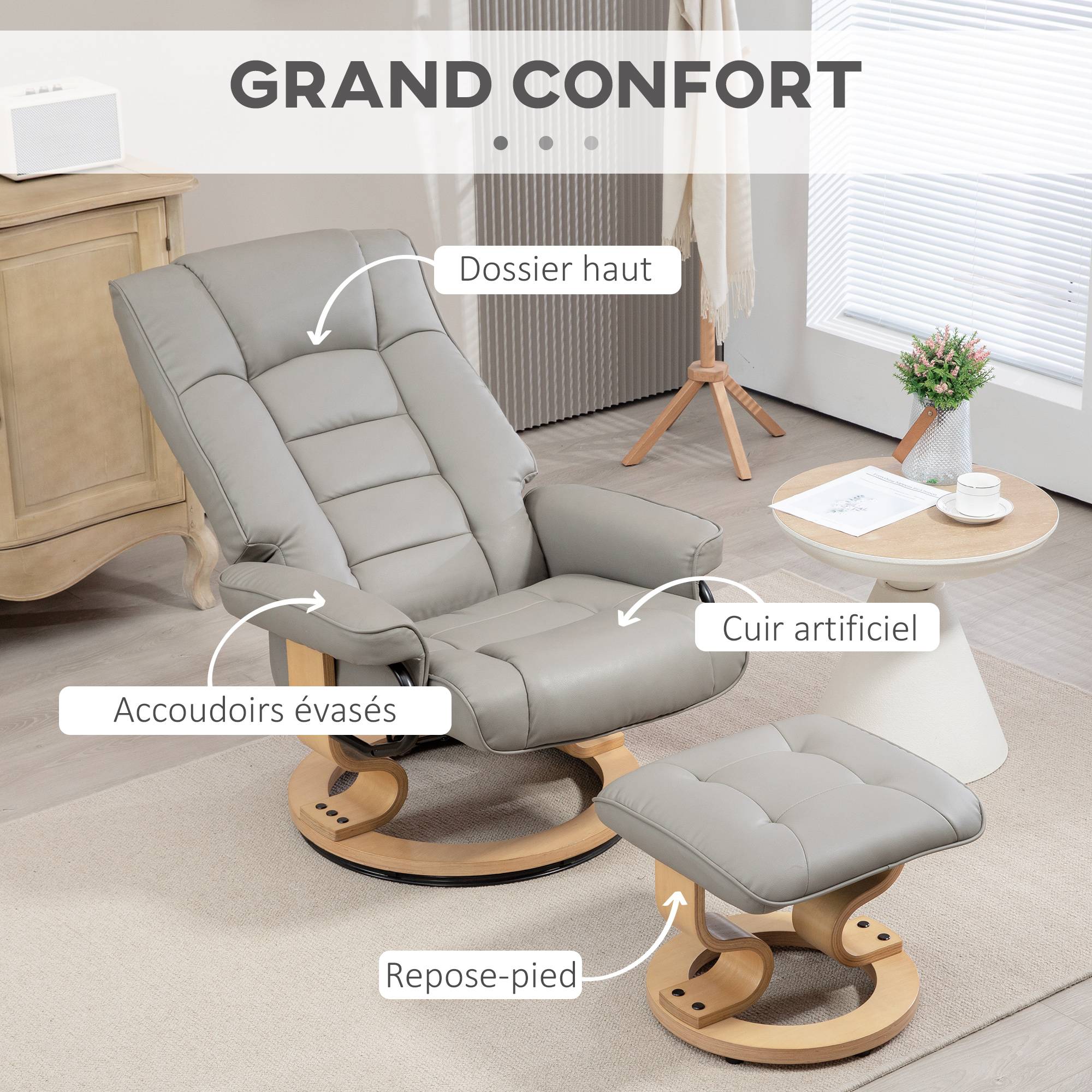 Sans Marque - Fauteuil de relaxation inclinable avec repose-pied, pivotant, cadre en bois , revêtement synthétique gris - Image 9