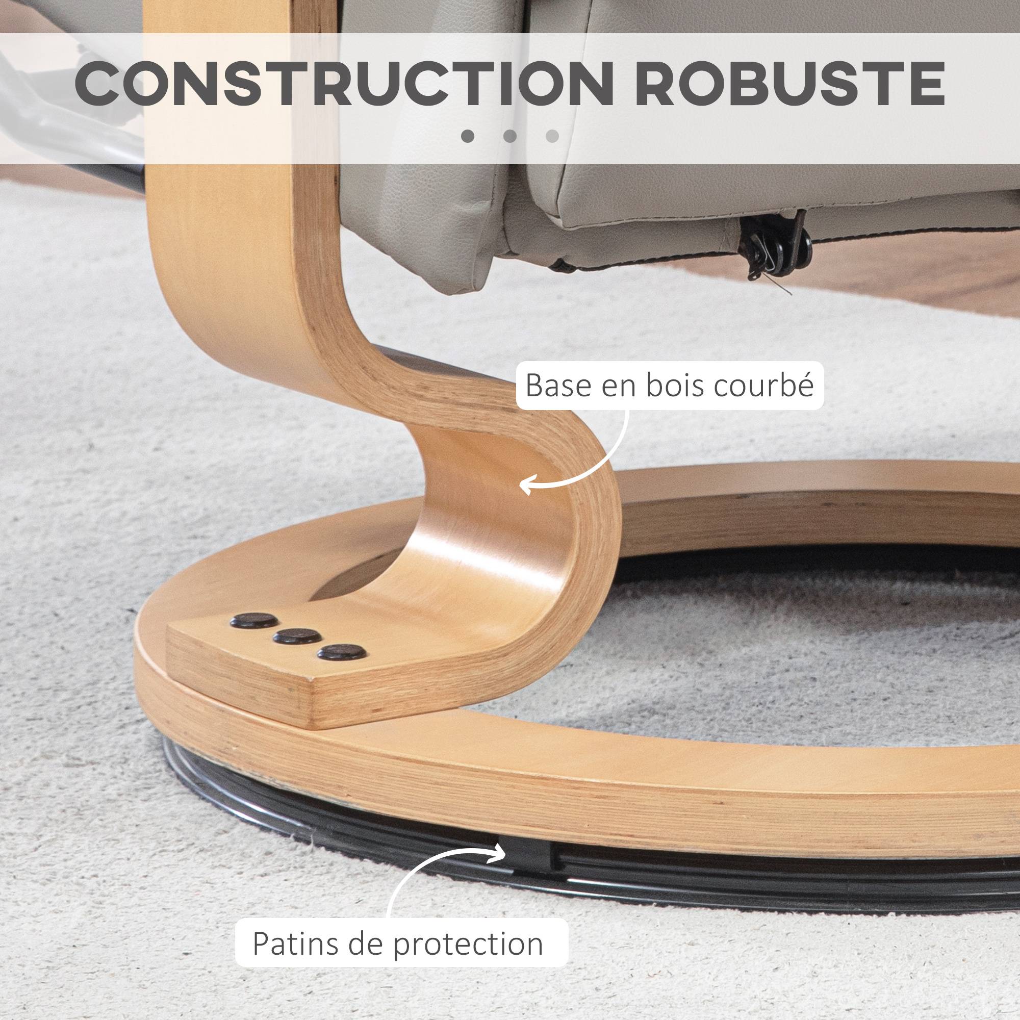 Sans Marque - Fauteuil de relaxation inclinable avec repose-pied, pivotant, cadre en bois , revêtement synthétique gris - Image 10