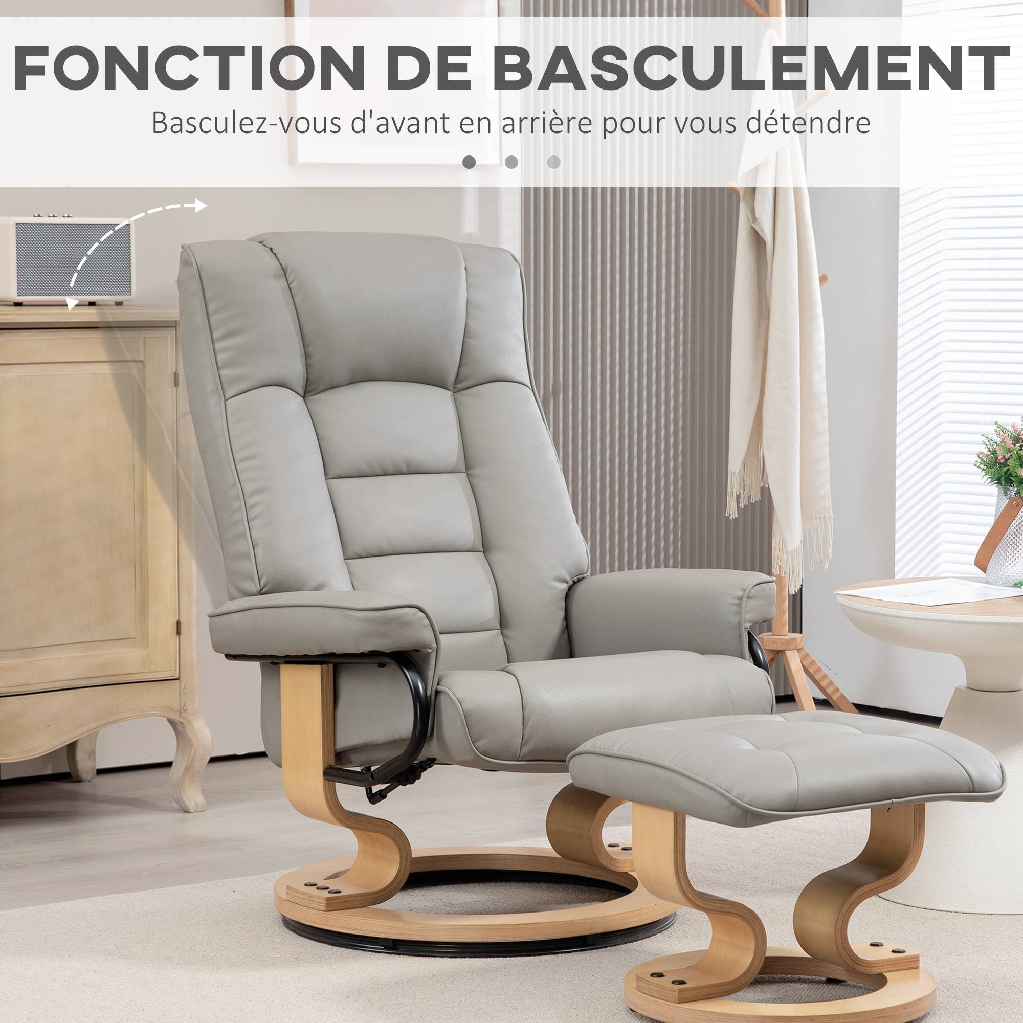 Sans Marque - Fauteuil de relaxation inclinable avec repose-pied, pivotant, cadre en bois , revêtement synthétique gris - Image 8
