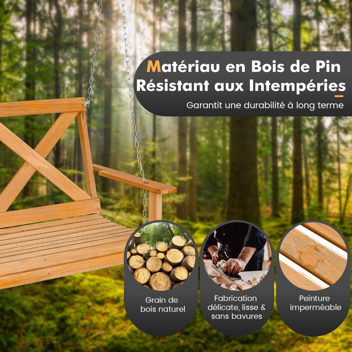 Balançoire Balancelle de Jardin de 134 Cm pour Porche 2 Personnes Bois Massif avec Chaînes Réglables Robuste - Image 6