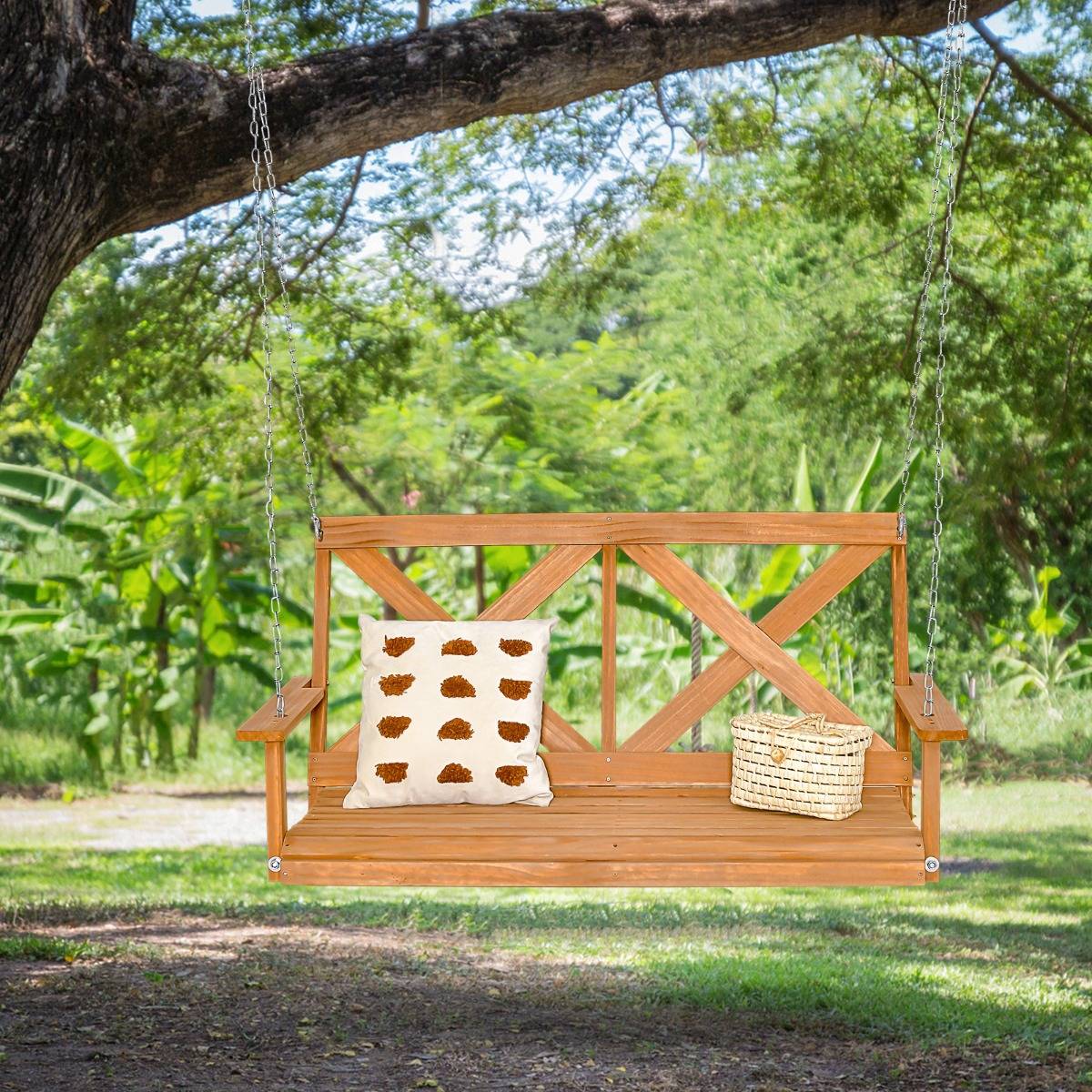 Balançoire Balancelle de Jardin de 134 Cm pour Porche 2 Personnes Bois Massif avec Chaînes Réglables Robuste - Image 3