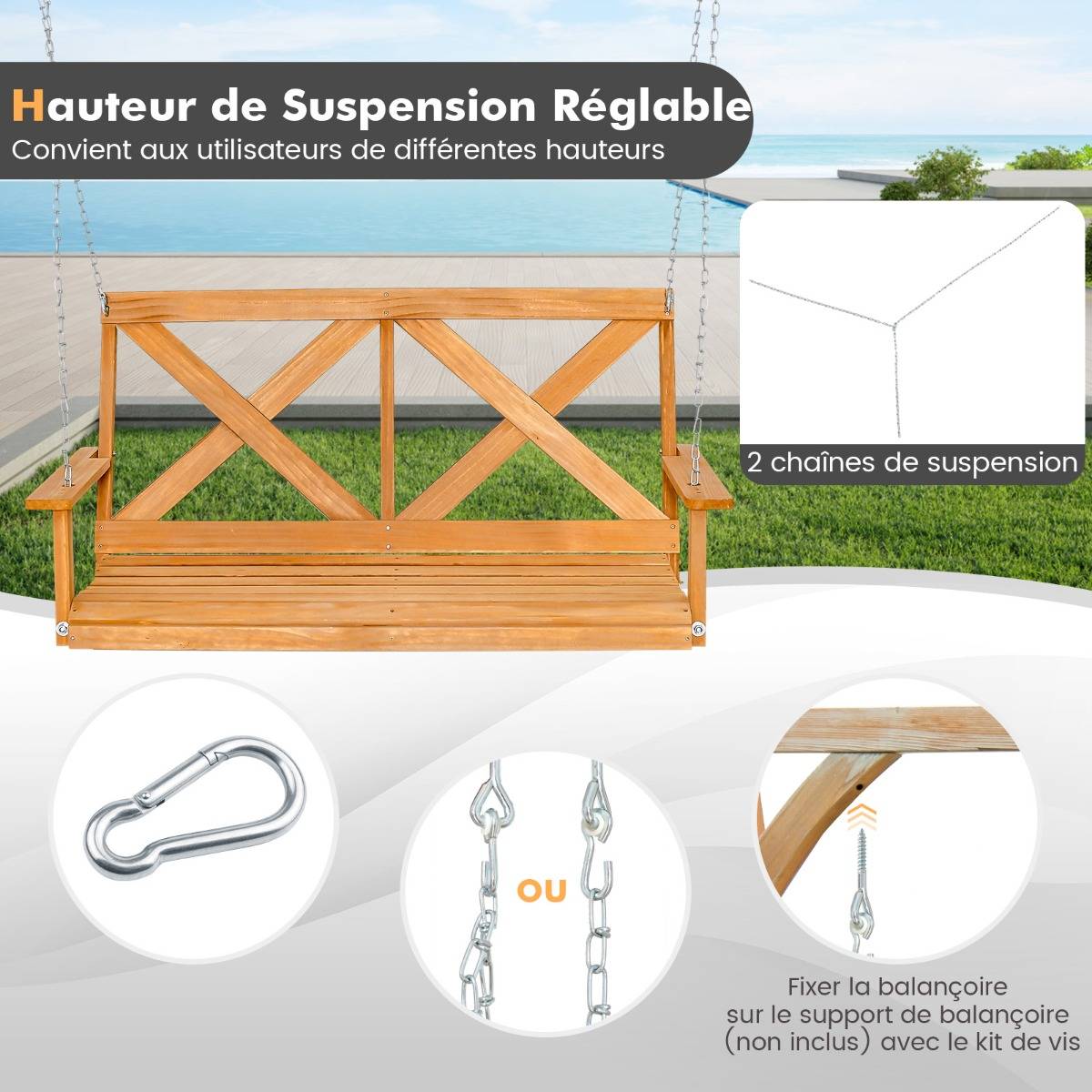 Balançoire Balancelle de Jardin de 134 Cm pour Porche 2 Personnes Bois Massif avec Chaînes Réglables Robuste - Image 8