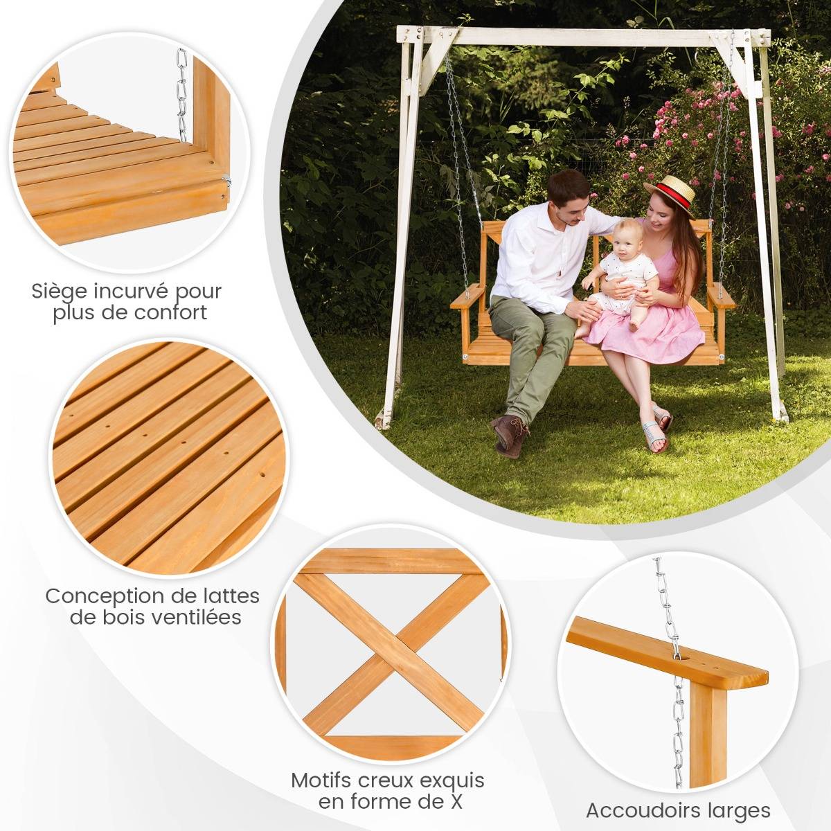 Balançoire Balancelle de Jardin de 134 Cm pour Porche 2 Personnes Bois Massif avec Chaînes Réglables Robuste - Image 5