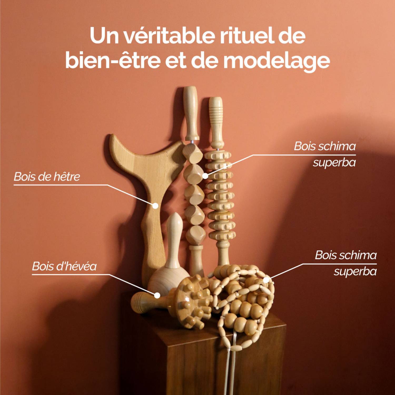 Kit complet de madérothérapie en bois pour le corps, massage anti-cellulite et drainage lymphatique - 6 pièces - Vivezen - Image 3