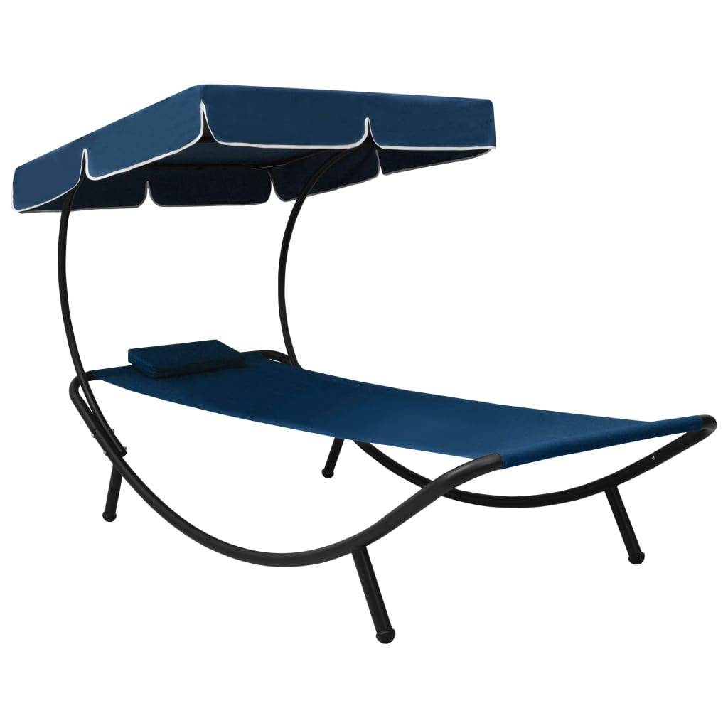 Helloshop26 - Lit de repos transat chaise longue d'extérieur 200 cm avec auvent et oreiller bleu - Image 1