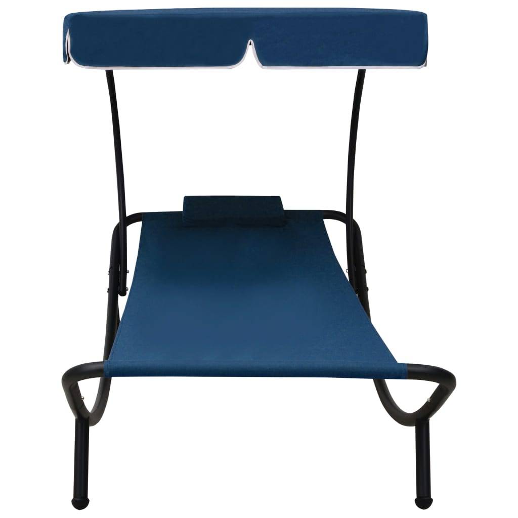 Helloshop26 - Lit de repos transat chaise longue d'extérieur 200 cm avec auvent et oreiller bleu - Image 2