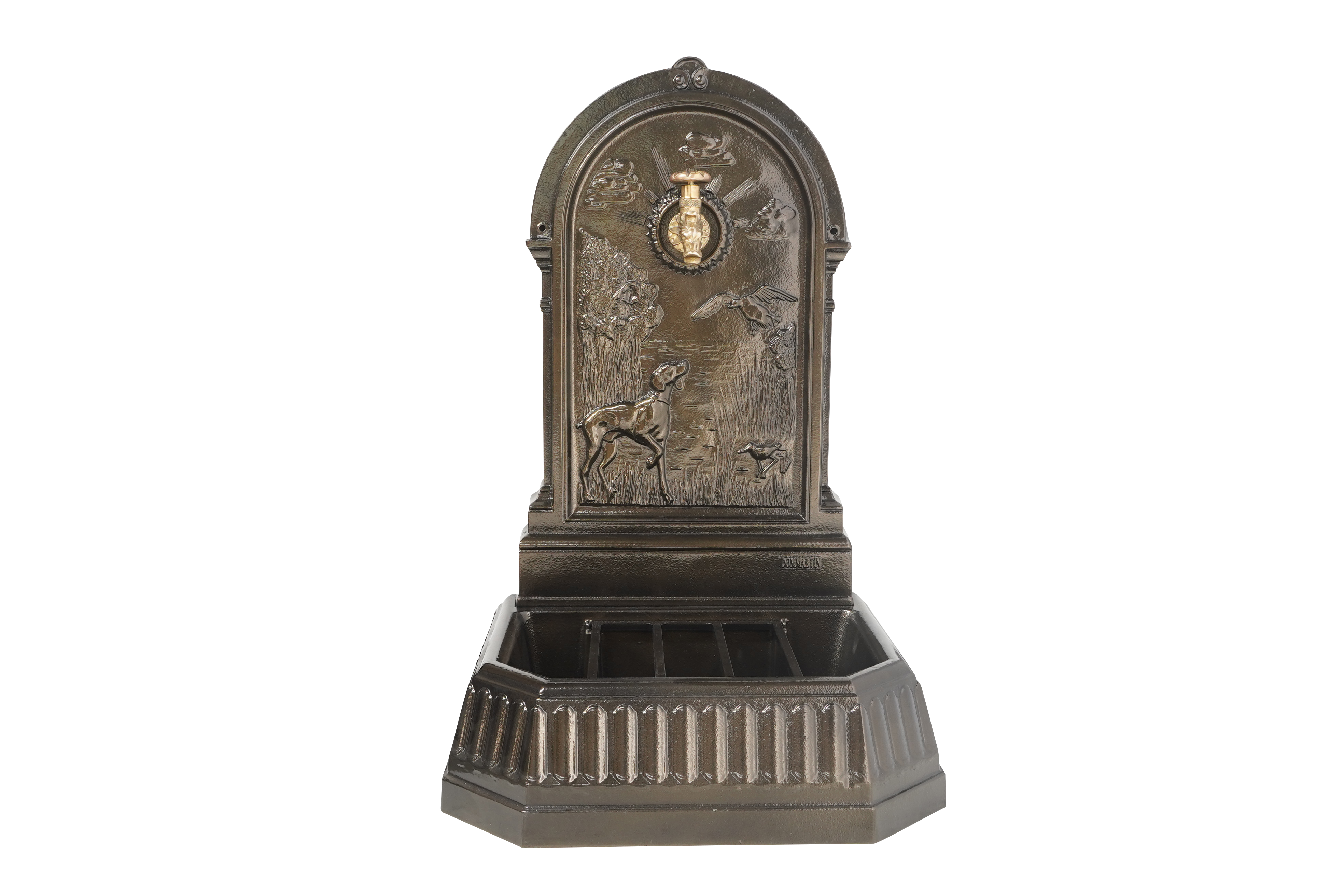 Fontaine chasse au marais Dommartin vieux bronze avec robinet colvert H.87 - Image 1