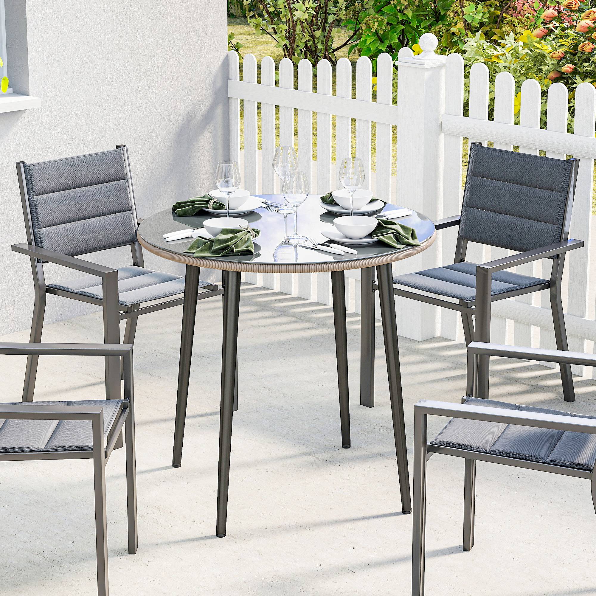Table à manger de jardin plateau verre trempé bord rotin, structure acier 80x80x74 cm gris - Image 4