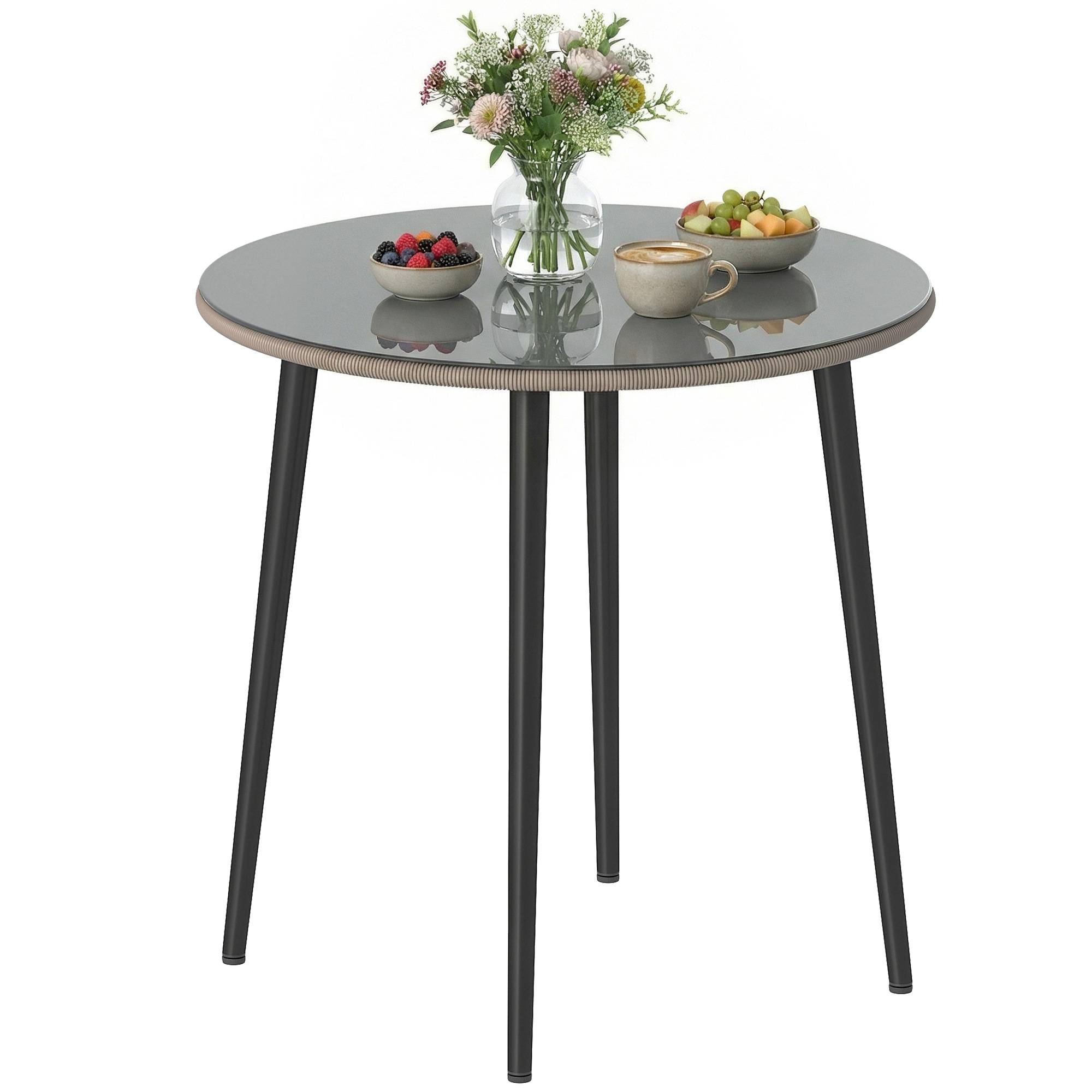 Table à manger de jardin plateau verre trempé bord rotin, structure acier 80x80x74 cm gris - Image 1