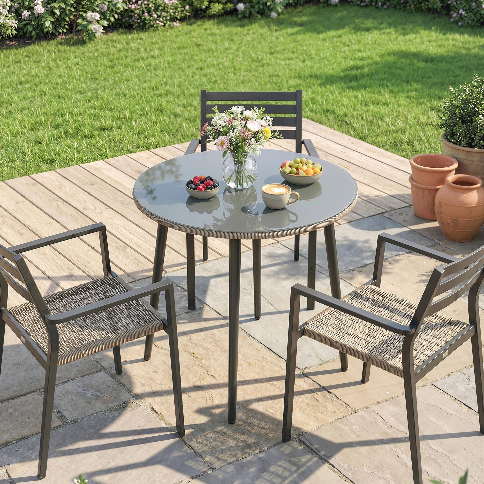 Table à manger de jardin plateau verre trempé bord rotin, structure acier 80x80x74 cm gris - Image 9