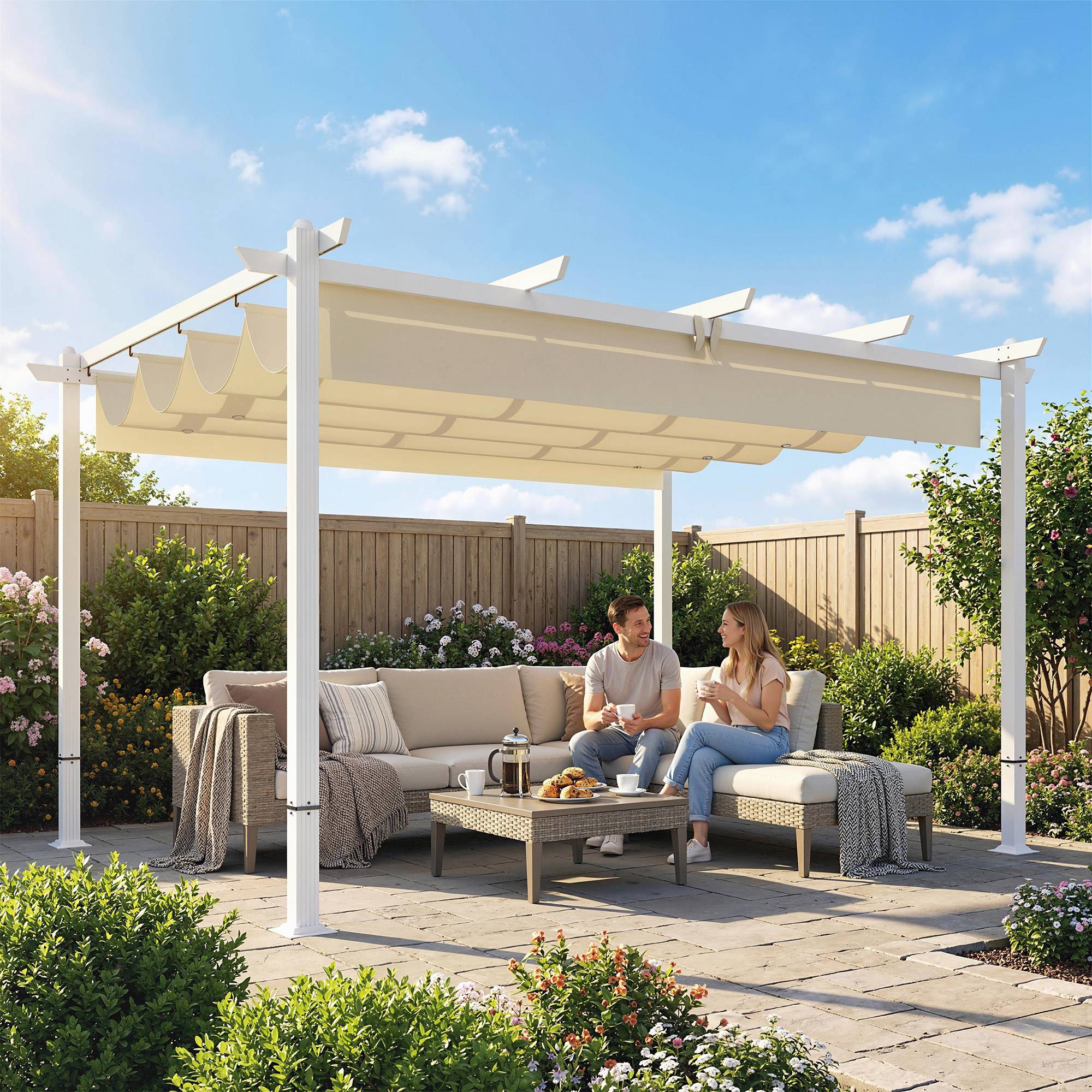 Pergola tonnelle aluminium jardin toit rétractable tissu polyester protection UV30+ 390x297cm - ComfortXL Outdoor Living - Image 4