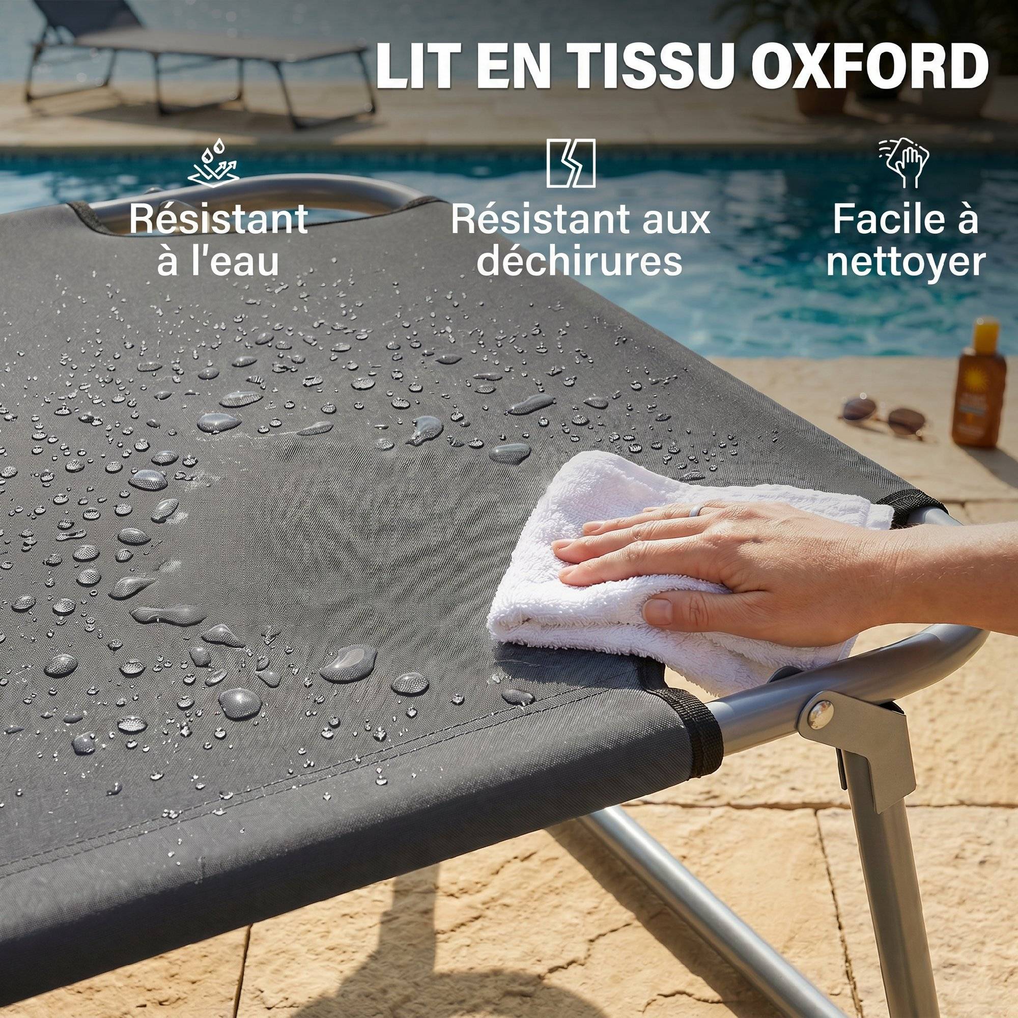 Sans Marque - Transat pliant grand confort, dossier multi-positions, pare-soleil réglable, dim. 187x58x36 cm, gris. - Image 8