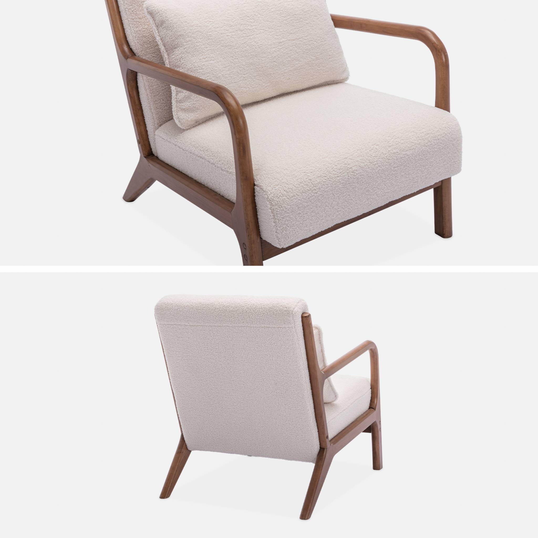 Fauteuil à bouclettes . pieds bois d'hévéa teinté noyer clair. 1 place droit fixe. pieds compas scandinave. structure en bois solide | sweeek - Image 6