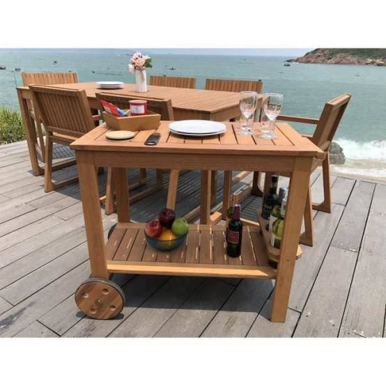 Desserte de jardin a roulettes en bois d'eucalyptus FSC - 93 x 49 x 74 cm - Avec porte-bouteilles - Image 3