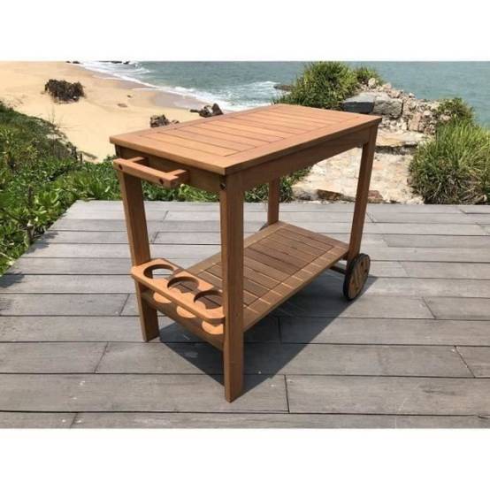 Desserte de jardin a roulettes en bois d'eucalyptus FSC - 93 x 49 x 74 cm - Avec porte-bouteilles - Image 6