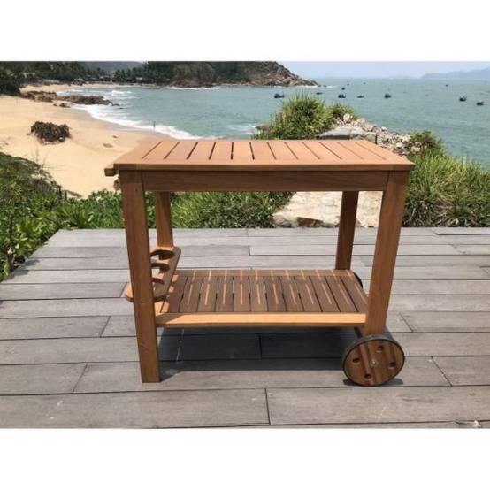 Desserte de jardin a roulettes en bois d'eucalyptus FSC - 93 x 49 x 74 cm - Avec porte-bouteilles - Image 4