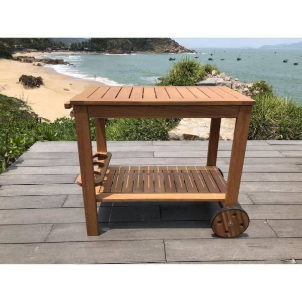 Desserte de jardin a roulettes en bois d'eucalyptus FSC - 93 x 49 x 74 cm - Avec porte-bouteilles - Image 4