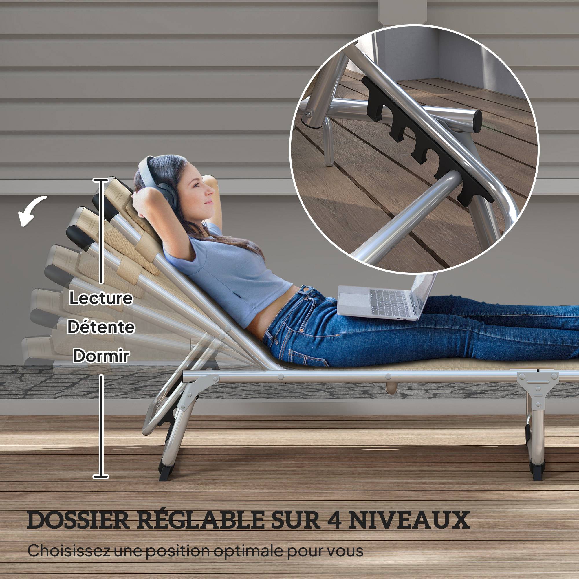 Bain de soleil, chaise longue pliante avec appuie-tête - 165x60x76cm Textilène Beige fr44 - Image 5