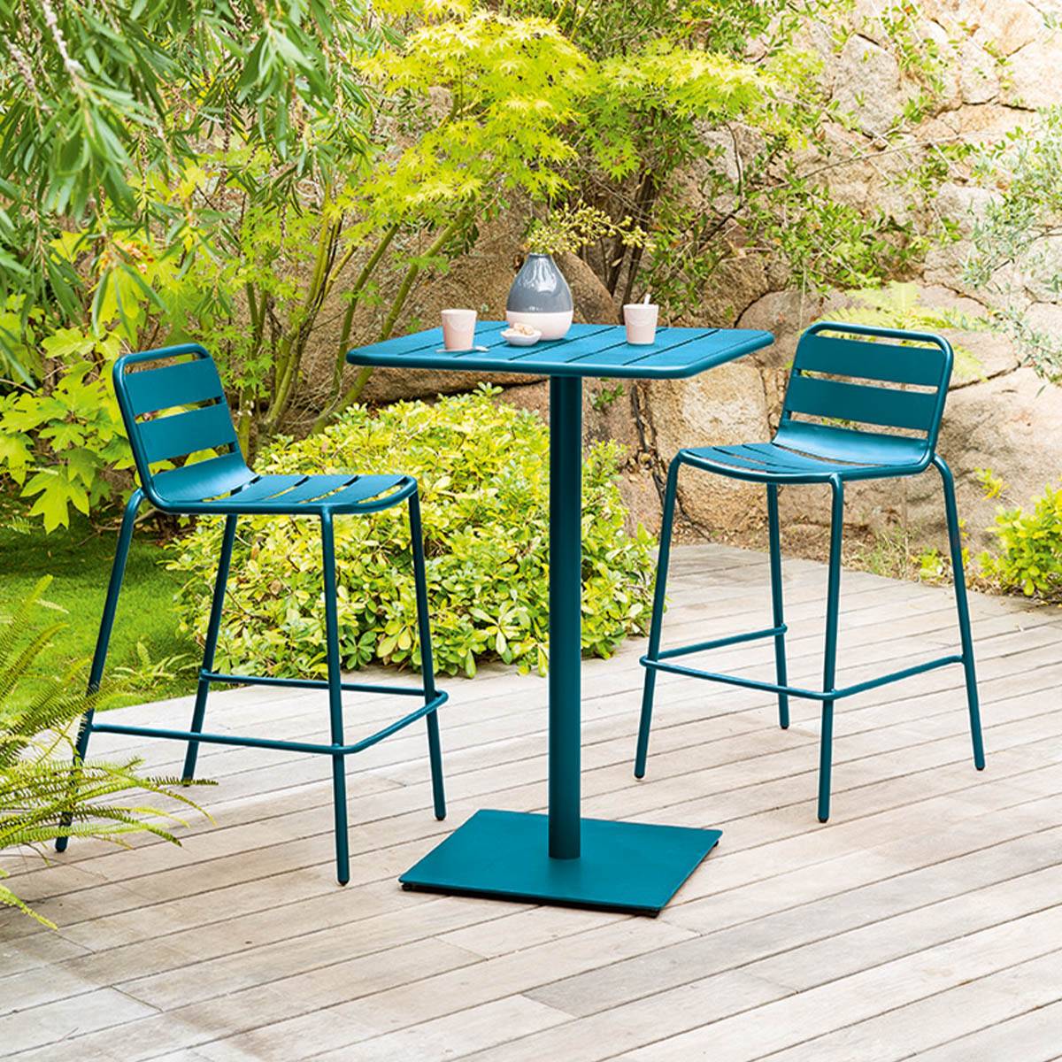 Hesperide - Table haute de jardin "Phuket" bleu canard 2 places en acier traité époxy Hespéride - Image 5