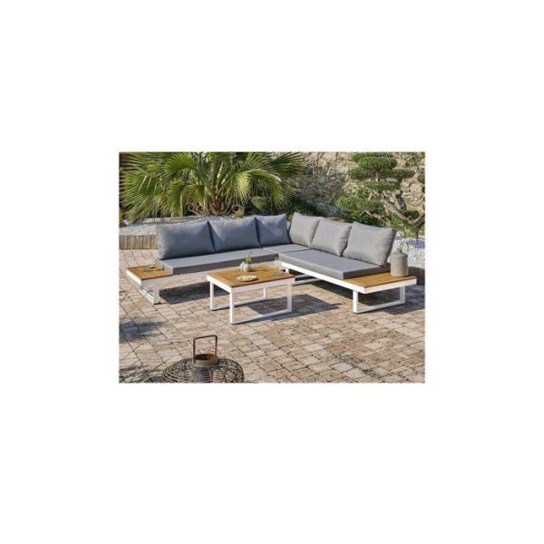Dcb Garden - Salon bas de jardin - Aluminium - DCB GARDEN - 5 places - Blanc et bois d'acacia - MIYAKO