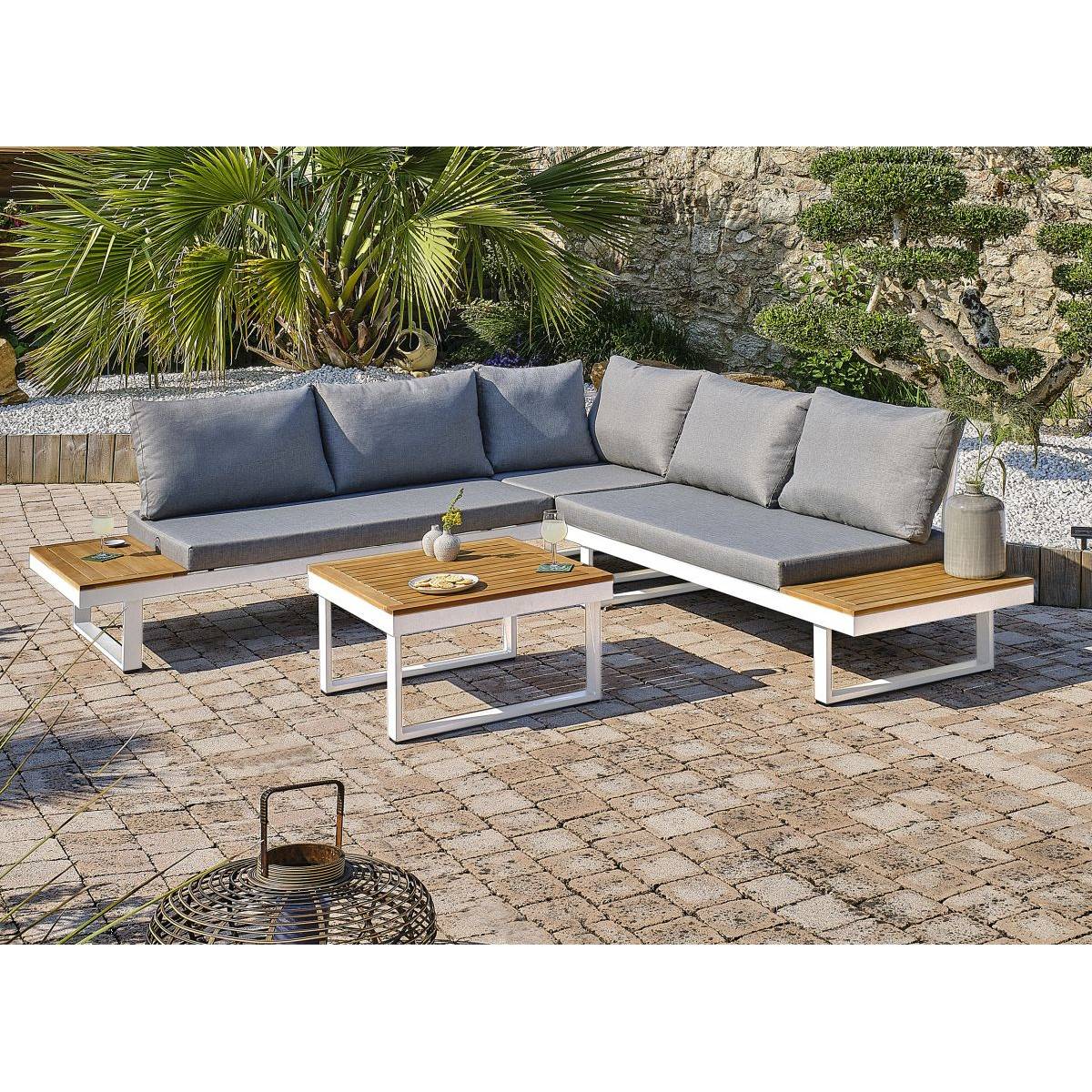 Dcb Garden - Salon bas de jardin - Aluminium - DCB GARDEN - 5 places - Blanc et bois d'acacia - MIYAKO - Image 6