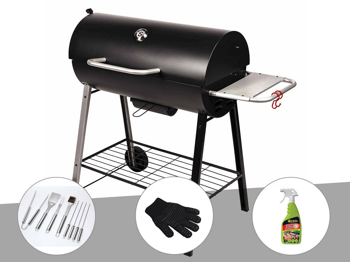 Somagic - Barbecue à charbon sur chariot Michigan + Malette de 8 accessoires inox + Gant de protection + Dégraissant pour barbecue - Somagic