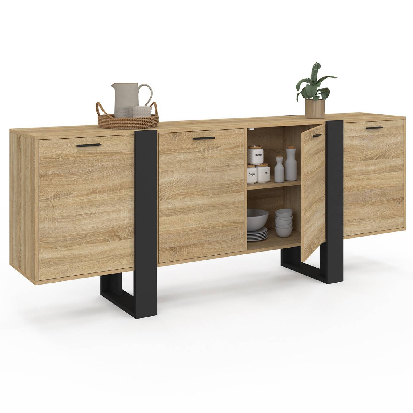 Buffet enfilade 200 cm PHOENIX XXL 4 portes bois et noir - Image 4