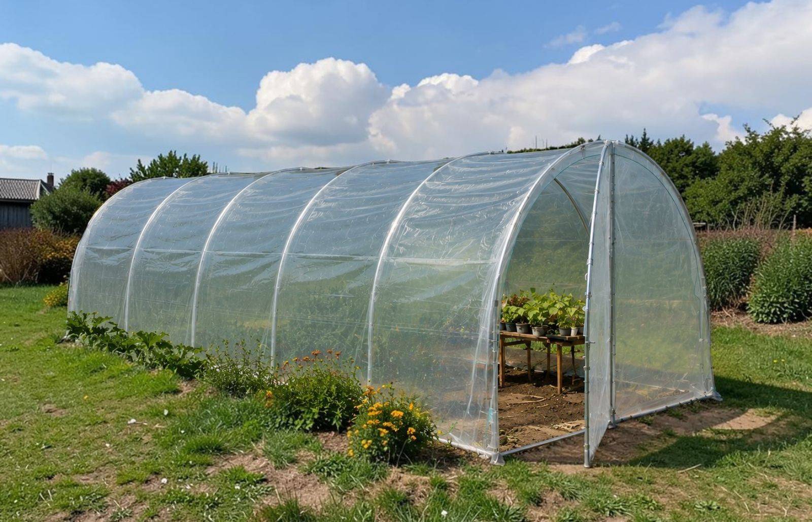 Serre tunnel de jardin - 22m² - 3 x 7,5 m - pieds arrondis - polyéthylène haute densité - 2 portes pivotantes - LES SERRES TONNEAU - Image 1