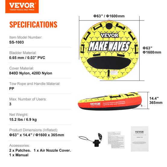 VEVOR Bouée tractée gonflable bateau, 1-3 pers., 231 kg. Rond 1600 mm, nylon, poignées EVA. - Image 7