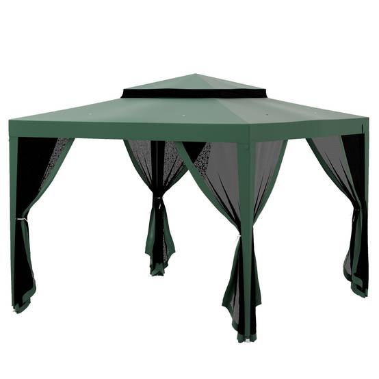 Tente de jardin 3x3 m, cenador gazebo avec 4 moustiquaires laterales, double toit, 8 trous de drainage, metal, vert - Image 2