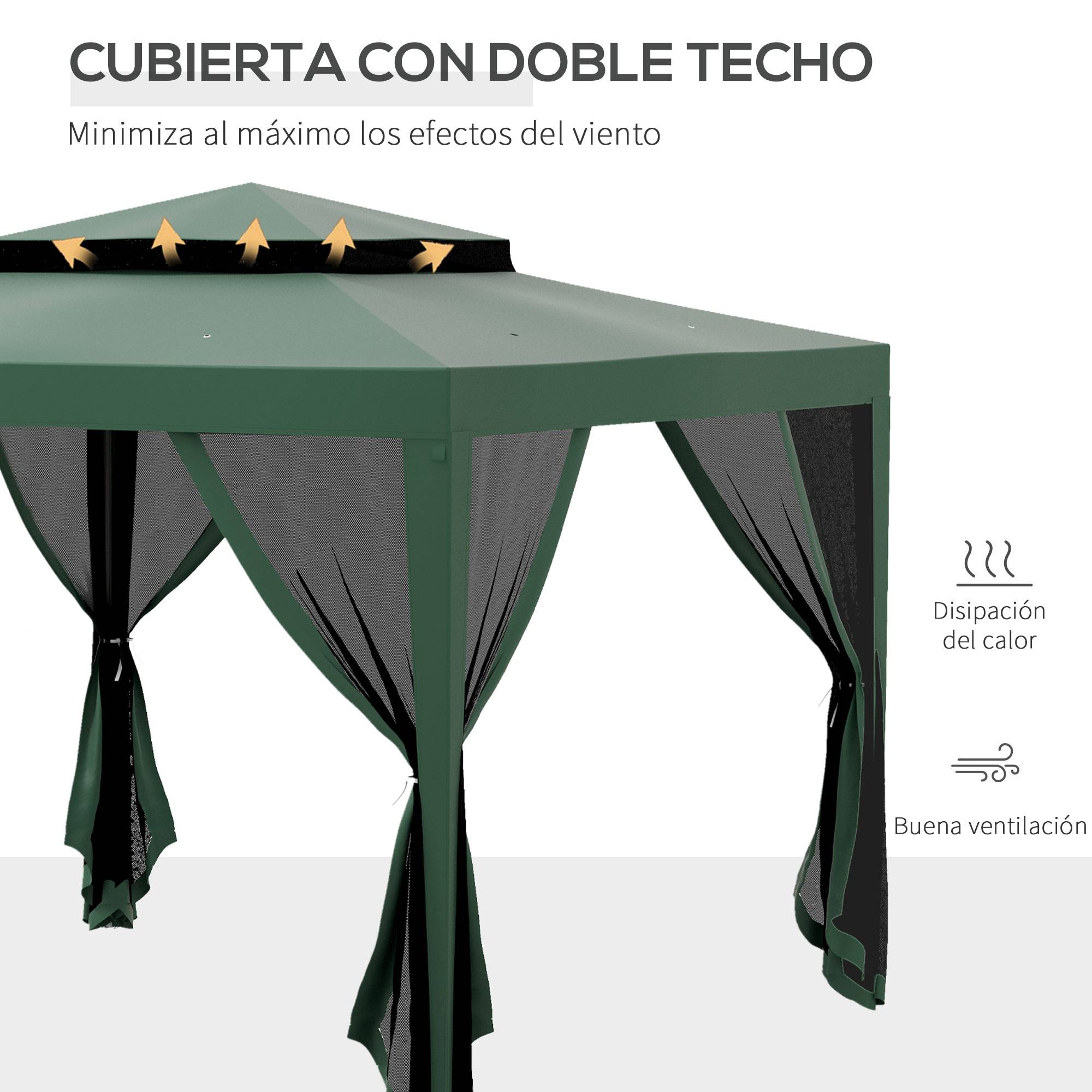 Tente de jardin 3x3 m, cenador gazebo avec 4 moustiquaires laterales, double toit, 8 trous de drainage, metal, vert - Image 6