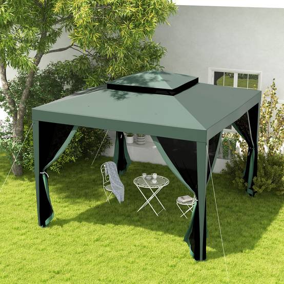 Tente de jardin 3x3 m, cenador gazebo avec 4 moustiquaires laterales, double toit, 8 trous de drainage, metal, vert - Image 3